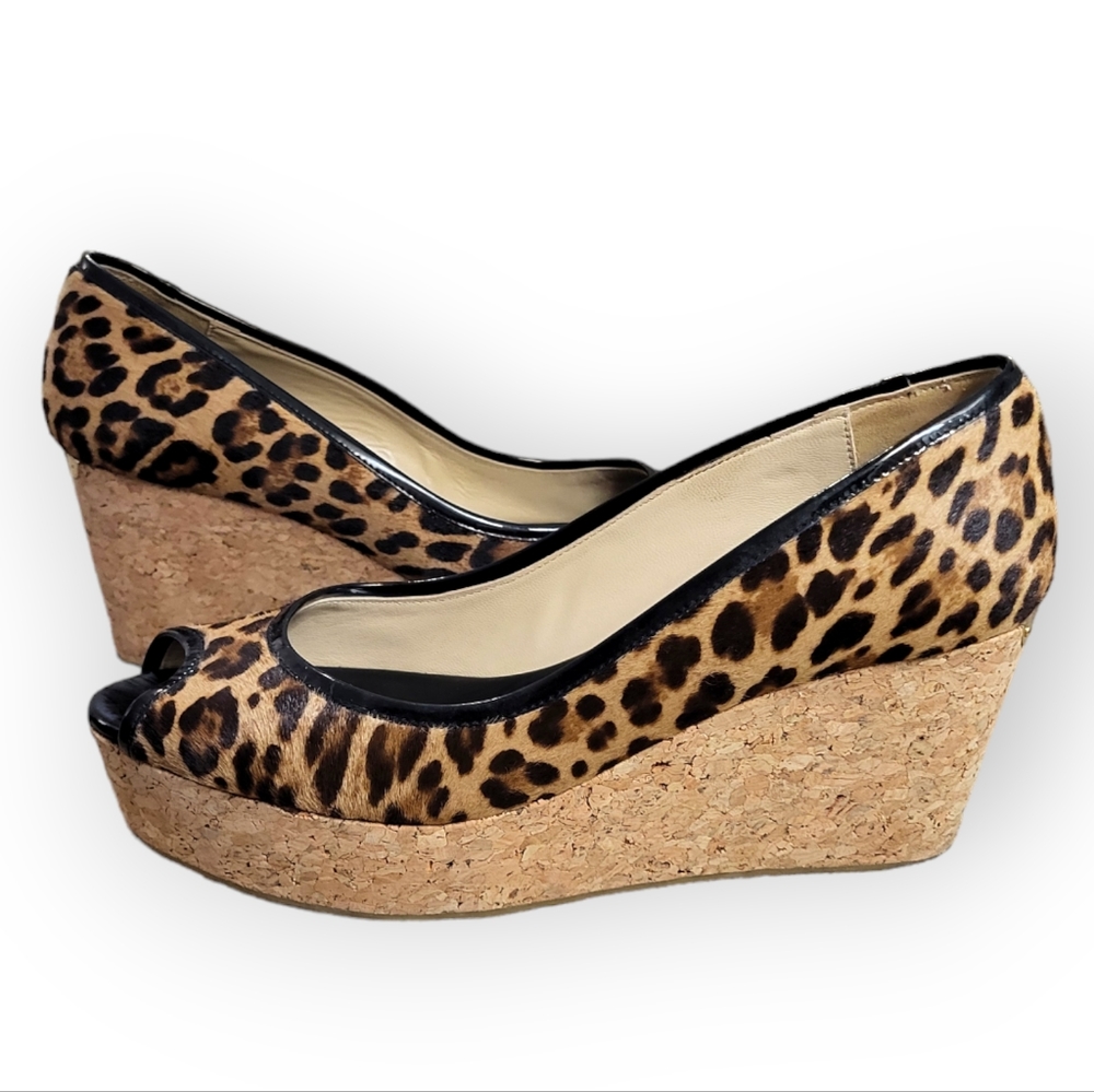 JIMMY CHOO Leopard Print Calf Hair Cork Wedge Peep Toe Platform EU 41 US…